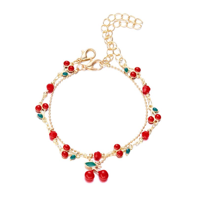 Tiny Red Cherry Fruit Necklace Bracelet Anklet Sweet Cherry Pendant Double Layered Gold Chain - color: red cherry anklet