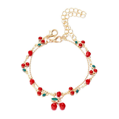 Tiny Red Cherry Fruit Necklace Bracelet Anklet Sweet Cherry Pendant Double Layered Gold Chain - color: red cherry anklet