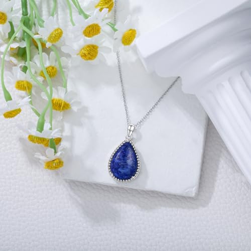 VONALA Sterling Silver Necklace Moss Agate/Turquoise/Larimar/Aquamarine/Opal/Black Onyx/Rose Quartz/Moonstone Pendant Teardrop Necklace Jewelry Gift for Women - style: Lapis lazuli