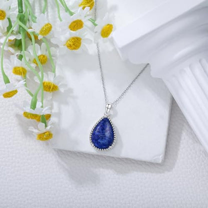 VONALA Sterling Silver Necklace Moss Agate/Turquoise/Larimar/Aquamarine/Opal/Black Onyx/Rose Quartz/Moonstone Pendant Teardrop Necklace Jewelry Gift for Women - style: Lapis lazuli