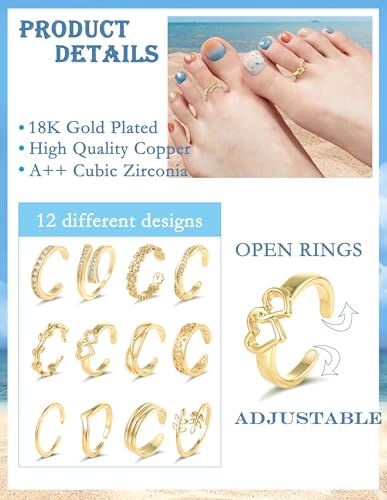 Akeoqi 12PCS 18K Gold Plated Toe Rings CZ Daisy Flower Leaf Heart Knot Band Open Tail Ring Beach Foot Jewelry Sets For Women Men Gold Silver Tone - color: A: Gold
