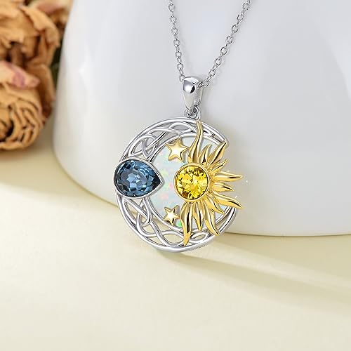 AOBOCO 925 Sterling Silver Moon Sun Star Necklace Celtic Jewelry for Women Girls - color: Silver&Gold&White Opal