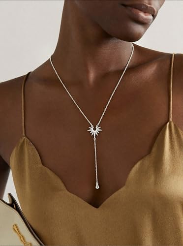 14K Gold Plated Layered Lariat Necklace for Women - Waterproof Non-Tarnish Dainty Gold Chain Necklace, Long Boho Statement Jewelry for Wedding, Prom, Summer Vacation Gifts - color: CZ Y Necklace-Silver
