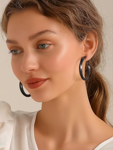 FindChic Twisted Hoop Earrings for Women, Silver/Black/14K Gold Plated Hypoallergenic Hollow Tube Rounded Loop Earrings, 30mm/40mm/60mm/80mm Hoops with Custom Name Options and Gift Box - color: a.Black, size: 40MM
