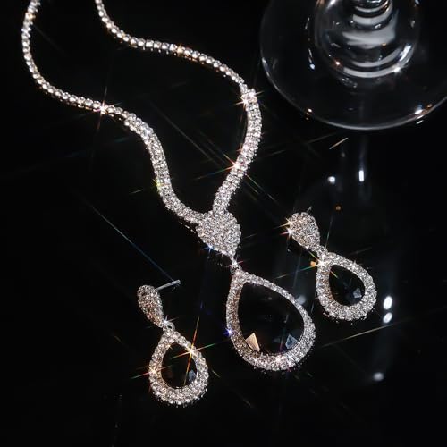 Fashion Red Black Colorful Bridal Teardrop Layered Crystal Necklace Earrings Set Sparkly Rhinestone Crystal Elegant Bridal Teardrop Shape Choker Earrings For Prom Costume Set Christmas Halloween Full Rhinestone Choker Necklace Earrings for Women - color: