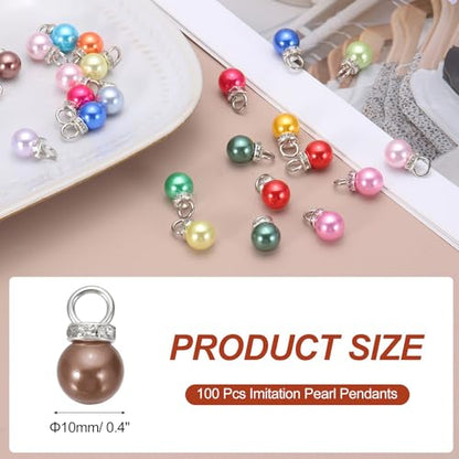 MECCANIXITY 100Pcs Imitation Pearl Pendant 10mm Faux Pearl Beads with Rhinestone for Dangle Jewelry Making Earrings Necklace Bracelets Crafts, Brown - color: Brown