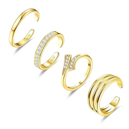 LOFITOR 4PCS Gold Toe Rings for Women Non Tarnish Waterproof Toe Ring Set | 14K Gold Filled Dainty Stackable Cute Thin Adjustable Open Band Toe Ring Cz Foot Jewelry For Beach Summer Hawaiian - style: Elegant Style