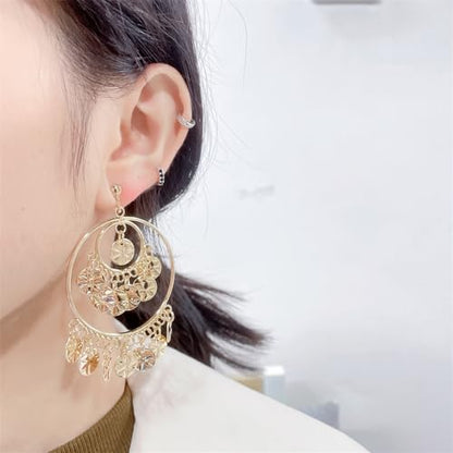 Clip On Boho Disc Tassel Long Dangle Drop Earrings for Women Non Pierced Ear Fake Stud Fashion Round Coin Hollow Circle Moon Shaped Big Dangling Hypoallergenic Jewelry Christmas Gift - color: Gold