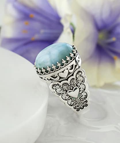 Filigranist 925 Sterling Silver Handcrafted Filigre Art Double Heart Detailed Women Cocktail Ring with Gemstones - color: Larimar