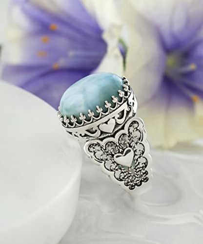 Filigranist 925 Sterling Silver Handcrafted Filigre Art Double Heart Detailed Women Cocktail Ring with Gemstones - color: Larimar