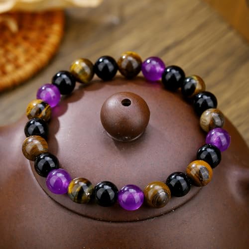 Natural Stone Beaded Bracelet for Men Women, Malachite Tiger Eye Obsidian Elastic Stretch Bracelet for Wealth & Energy - color: Black purple 1