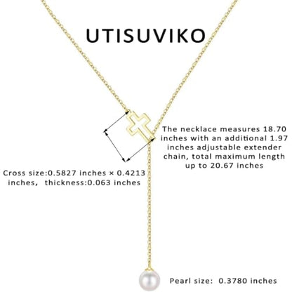 925 Sterling Silver Cross Pearl Lariat Necklace for Women | Y-Shaped Pearl Drop Necklace Adjustable Hollow Cross Pearl Necklace Faith Baptism Birthday Jewelry Gift for Mother Daughter - color: Gold