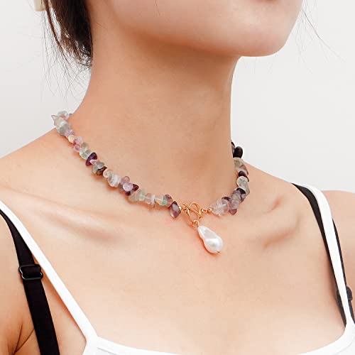 Bohemian Stone Pearl Choker Necklace for Women Dainty Natural Irregular Stone Choker Turquoise Beaded Lariat Necklace Simple Fashion OT Toggle Spiritual Handmade Jewelry - color: White Green