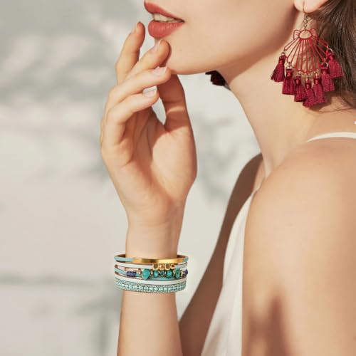 Wrapped Bracelets for Women,Leather Boho Bracelets for Women - color: Stone-Blue
