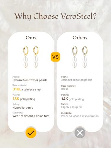 Pearl Earrings VeroSteel Dangle Earrings for Women, Dainty 14k Gold Huggie Hoop Earrings with Pearls, Trendy Pearl Drop Earrings, Stainless Steel Hypoallergenic Stud Earrings For Sensitive Ears - style: Double Pearl