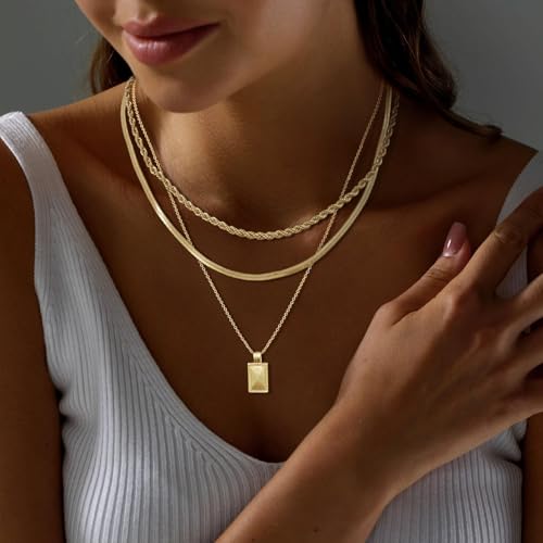 Gold Layered Necklaces for Women Stack Boho Stacking Layering 14K Gold Plated Chain Necklaces Set Cuban Link Herringbone Twist Chain Square Coin Pendant Necklace Jewelry Gifts Trendy Stuff - color: A Gold Layered Square Necklace