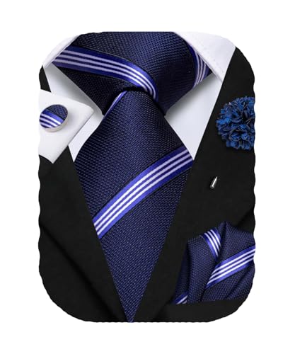 Hi-Tie Men's Silk Ties Formal Woven Classic Necktie Pocket Square Cufflinks Lapel Pin Set Wedding Business - color: B Navy Blue