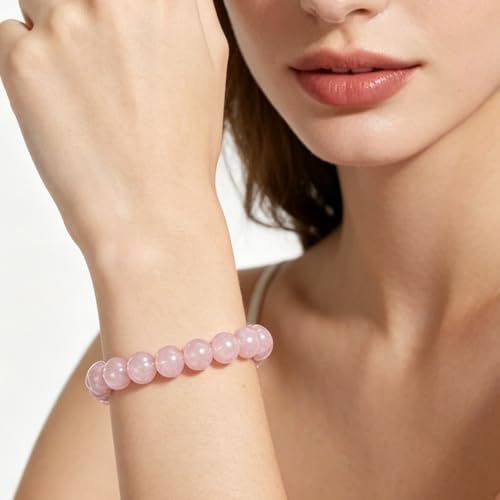 8mm Beaded Bracelets for Women, Natural Crystal Gemstone Energy Bracelets - color: Pink Crystal