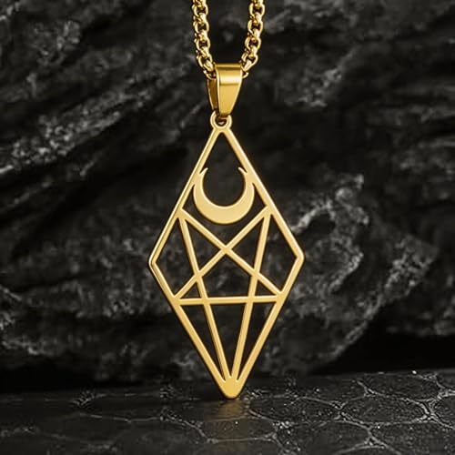 Stainless Steel Inverted Five-Pointed Star and Moon Pendant Necklace Men Women Gothic Pagan Satanic Magic Jewelry - color: golden
