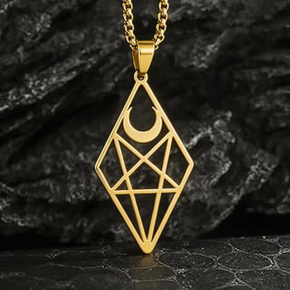 Stainless Steel Inverted Five-Pointed Star and Moon Pendant Necklace Men Women Gothic Pagan Satanic Magic Jewelry - color: golden