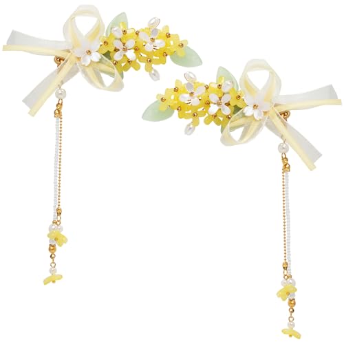 A Pair Wedding Hair Clips, Handmade Floral Design Crystal Hair Clips Pearl Barrettes, Rhinestones Flower Clips Pearl Headpieces Hair Pins Hair Accessories for Women Girls (Yellow&White) - color: Yellow&White