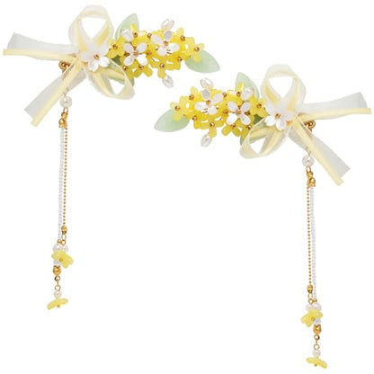 A Pair Wedding Hair Clips, Handmade Floral Design Crystal Hair Clips Pearl Barrettes, Rhinestones Flower Clips Pearl Headpieces Hair Pins Hair Accessories for Women Girls (Yellow&White) - color: Yellow&White