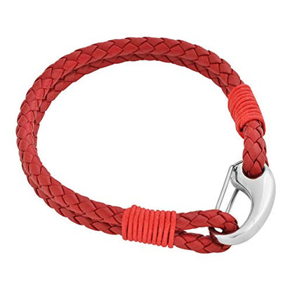 Edforce Braided Genuine Leather 2-Strand Cuff Bracelet with Stainless Steel Clasp - color: Red