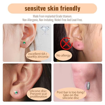 20G Flat Back Earrings Studs 18G Nose Rings 24K Gold Plating 3 Pairs Titanium Threadless 16G Cartilage Earrings for Women Men Tragus Conch Helix Medusa Lip Piercing Jewelry - color: polish emerald cz, size: 18G