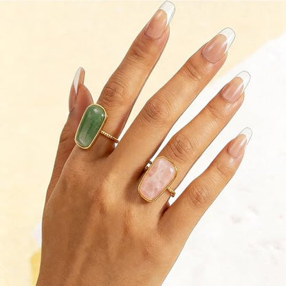 OIDIMS Gemstone Statement Ring for Women Gold-Tone Stainless Steel Natural Stone Rose Quartz Aventurine Turquoise Adjustable Open Band Stacking Finger Rings Boho Cocktail Wedding Party Jewelry - color: Green