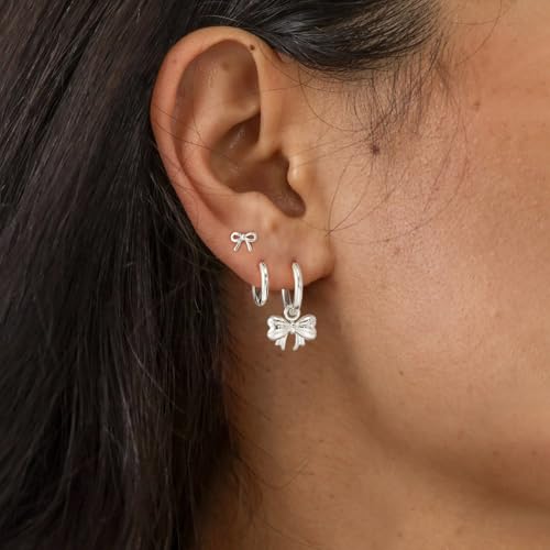 3 Pairs Earring Stacks, Gold Earring Set Jewelry Gift for Women | Small, 14K Gold/White Gold/Black/Rose Gold Plated, Hypoallergenic, Her, Everday, Stackable, Simple, 3 Holes - color: Silver-Bow