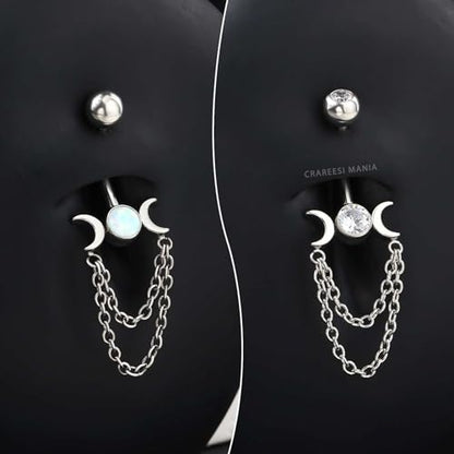 Moon Phase Belly Button Rings Double Chain Belly Rings 316L Stainless Steel Belly Button Piercing Jewelry 14Gauge Belly Ring for Women - color: Opal