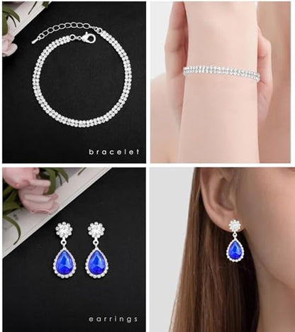 Elegant Silver Crystal Wedding Necklace Earrings Bracelet Jewelry Set for Women Brides Bridesmaids Prom Party Costume Accessory Bridal Jewelry - color: silver-royal blue