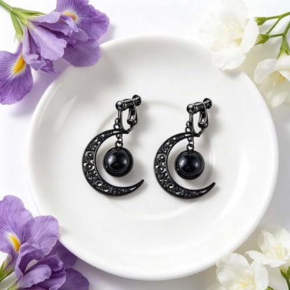 Gothic Moon Clip On Earrings for Women Black Filigree Dangle Moon Earrings Halloween Witch Earring Colorful Crystal Vampire Earring Accessories Halloween Jewelry Gifts - color: Black