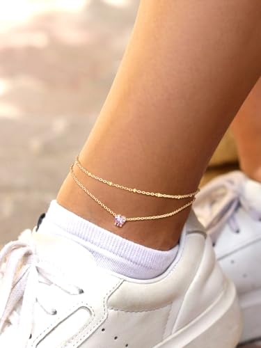 Suplight Gold Plated Butterfly Anklets for Women Waterproof, Layered Boho Ankle Bracelet with Birthstone, Stainless Steel Adjustable Non-Tarnish Heart Foot Jewelry Beach Vacation - color: 10. Heart-Oct. Pink Tourmaline