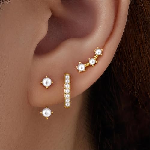 3 Pairs Dainty Small Earrings Set for Women Trendy, Birthstone Stud Huggie Hoop Jacket Stack for Cartilage Helix, Gold Plated Hypoallergenic Cute Women Fashion Accessories Western Jewelry Gifts - color: Created Pearl-Gold