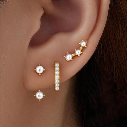 3 Pairs Dainty Small Earrings Set for Women Trendy, Birthstone Stud Huggie Hoop Jacket Stack for Cartilage Helix, Gold Plated Hypoallergenic Cute Women Fashion Accessories Western Jewelry Gifts - color: Created Pearl-Gold