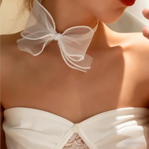 Boho Bow Lace Choker Necklaces Bow Ribbon Necklace Lace Bowknot Necklaces White Velvet Collar Necklace Big Bowtie Choker Cosplay Costume Christmas Halloween Jewelry for Women - color: White