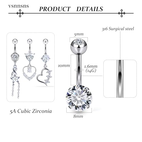 14G Dangle Belly Button Ring Piercing Jewelry 316L Stainless Surgical Steel Heart Flower CZ Reverse Navel Rings Dangling Belly Button Ring Piercing Jewelry for Women 14 Gauge Hypoallergenic - style: 12Pcs Silver