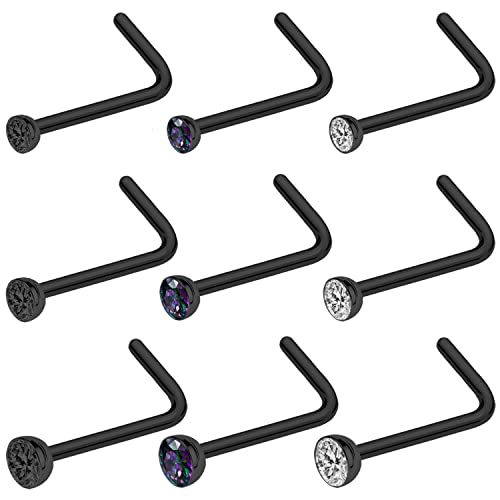 20G Nose Rings Studs Black 316L Surgical Steel 2mm 2.5mm 3mm Round CZ Nose Ring for Women Men L Shaped Nose Bone Nose Screw Ring Set Nostril Piercing Jewelry - color: 9Pcs-L Shaped Nose Stud-Black
