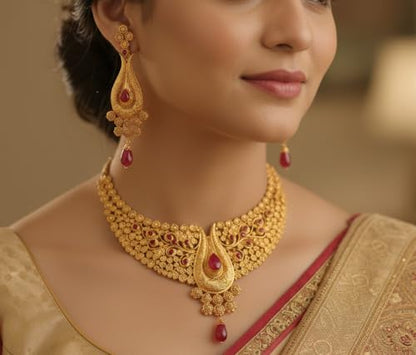 Touchstone Indian Bollywood Traditional Craftsmanship Mughal Designer Jewelry Wedding Necklace Set in Antique Gold Or White Tone for Women. - style: D454 Red