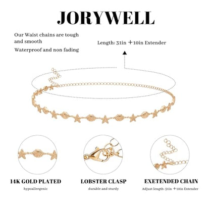 14K Gold Plated Waist Chain for Women Layered Waist Beads Belly Chain Belt, Waterproof Summer Beach Body Jewelry for Bikini, Festival Vacation Accessories for Women - style: Small Star Shell