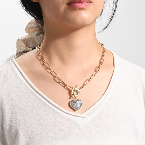 14K Gold Plated Two Sides Carved Stone Heart Shape Necklace for Women Love Pendant Necklace Jewelry for Daily and Gifts - color: Labradorite