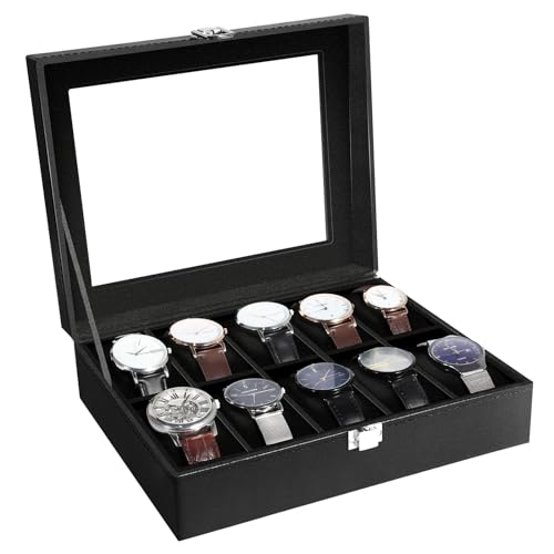 Uten Watch Box 10 Slots for Men, Leather, Large Glass Lid Black | Watch Jewelry Display Case, Fit Watch Size up to 48mm, Removable Pillows, Metal Clasp, Velvety Inner Lining, Gifts - color: Black, size: 10 Slots