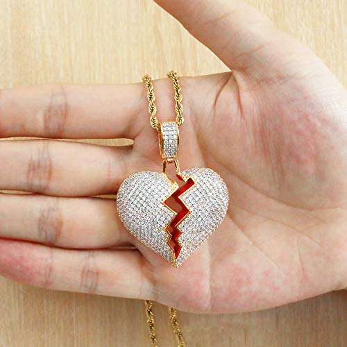 Broken Heart Pendant Necklace Hip Hop CZ Fully Iced Out Bling CZ Diamond 24K White Gold Plated with 24" Stainless Rope Chain - color: MIX Gold