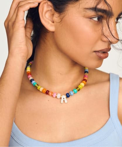 Colorful Beaded Initial Necklace for Women - Colorful Letter A-Z Necklaces, 14K Gold Plated Zirconia Bubble Letter Charm, Women Gold Jewelry Personalized Birthday Gifts - color: A