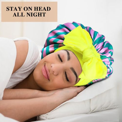 2+3 Large Satin Bonnets with Scrunchies for Women, Hair Bonnet Sleeping Tie Bonnet for Braids Curly Hair - color: K - Strawberry Pink, Stripes