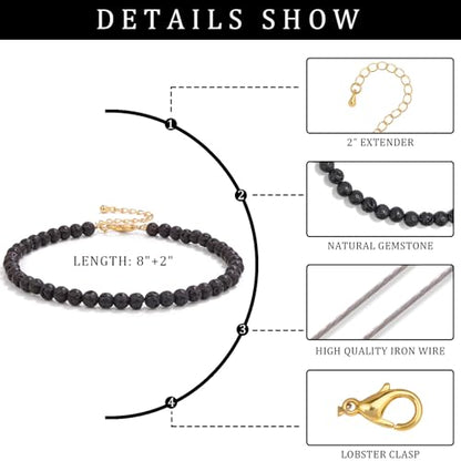 Natural Stone Beaded Anklets for Women, Handmade Boho Clear Quartz 4mm Crystal Beads Anklet, Gold Chain Adjustable Ankles Bracelet, Beach Summer Jewelry Gemstone Foot Bracelet Gift - color: Lava Rock