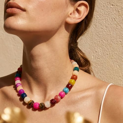 SHERLOVE Chunky Statement Large Resin Beaded Choker Necklaces for Women | Big Lightweight Bead Beaded Necklace Trendy Fashion Boho Summer Beach Vacation Jewelry - color: Beaded Choker Colorful