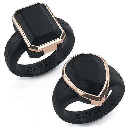 Patented Metal-Framed Silicone Rings - Emerald Collection - color: Pack M - Black / Metal Rose Gold