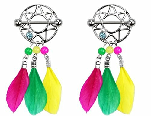 316L Surgical Steel Dream Catcher Feather Nipple Shield Gem 3/4" 14 Gauge Pair - color: yellow